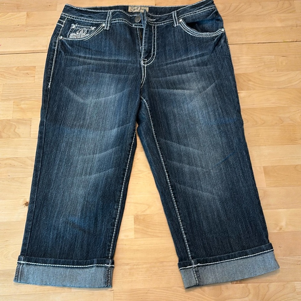 Earl Cuffed Capri Jeans Womens Size 10 Stretch Blue Denim BLING